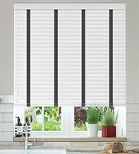 Charisma Bright White – Faux Wood Blind Black Tape