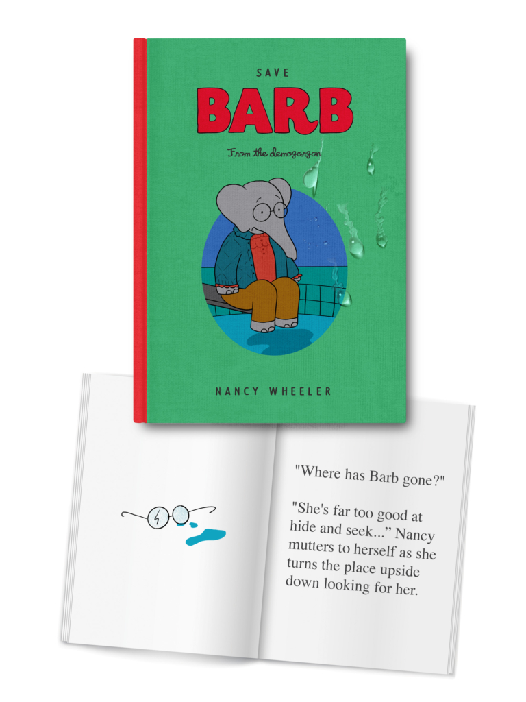 Barb from Stranger Things reimagined as Babar the Elephant from the kids story book.