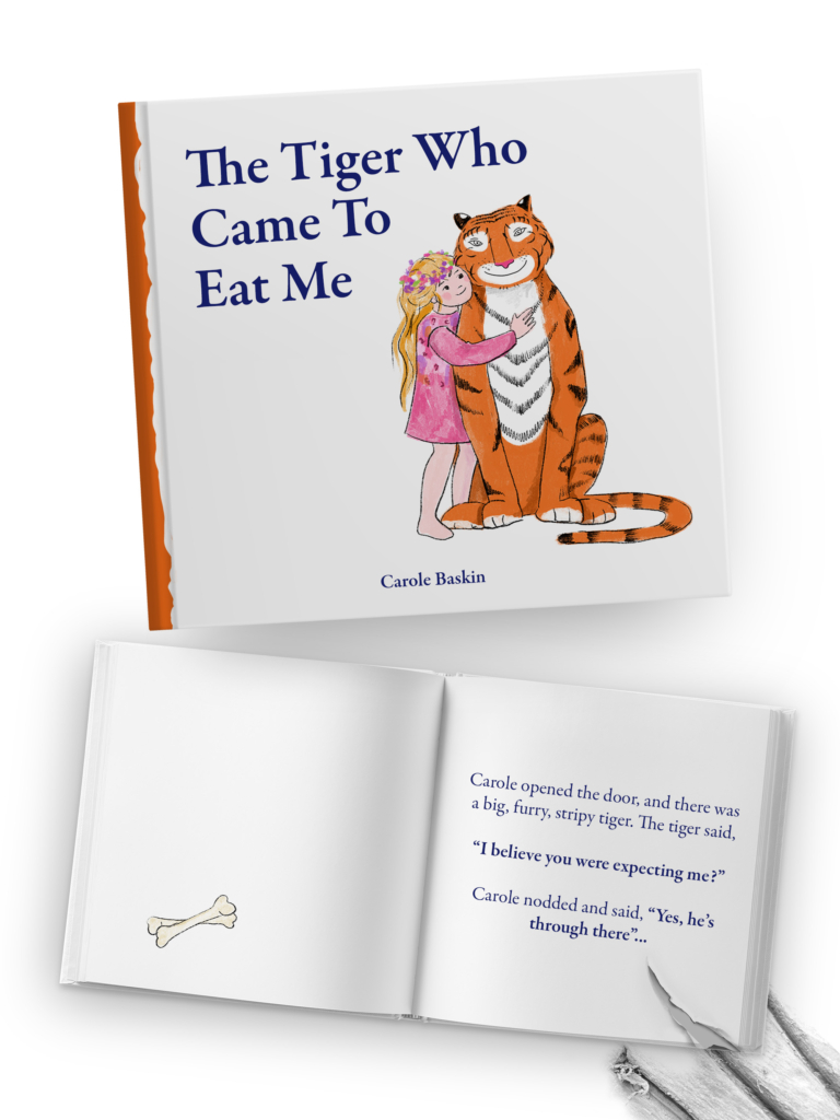 Bedtime story The Tiger Who Came To Tea reimagined as the Tiger King cartoon Carole Baskin Hugging a Tiger