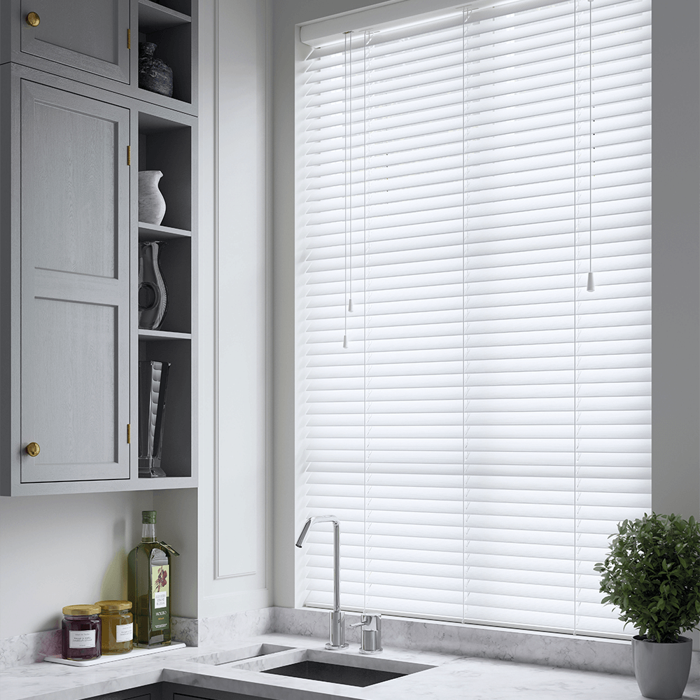 White Wooden Blinds in Kitchen