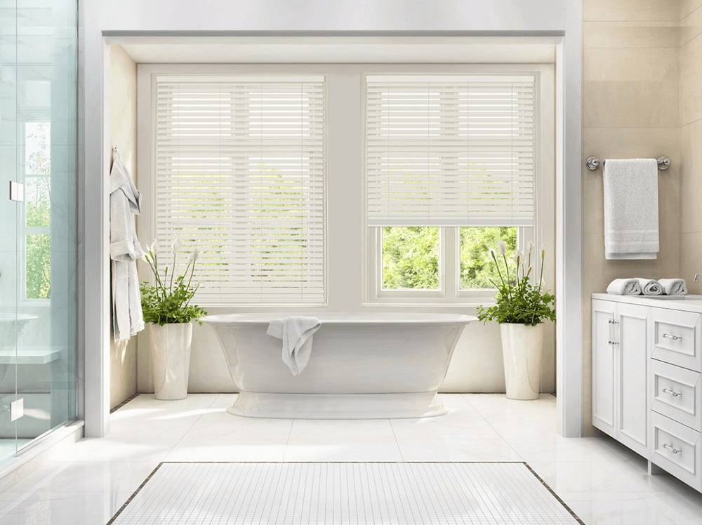 White Faux Wood Blinds in Bathroom