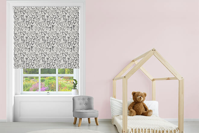 Scattered Hearts Grey Blackout Children's Roller Blind